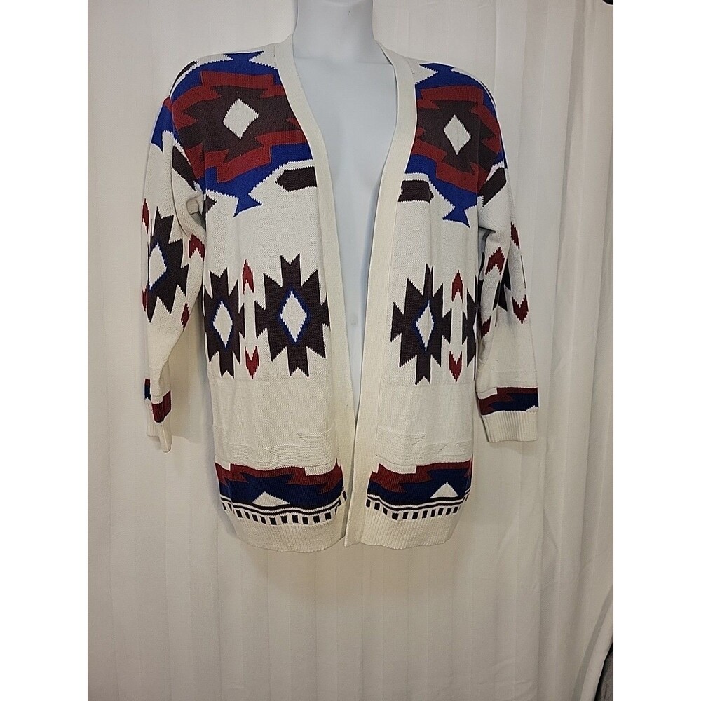 Lucky Brand Aztec Cardigan Sweater Women's Medium M White Red Blue Nwt $ 149.50